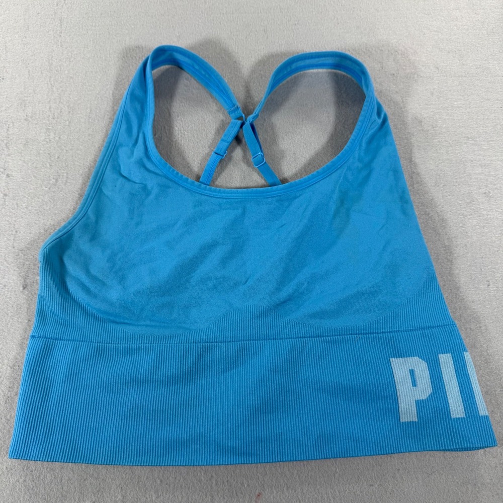 PINK Victoria's Secret Seamless Sports Bra L Blue Racerback Adjustable Logo